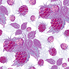 Vector illustration. Lilac seamless pattern of raspberries and leaves.