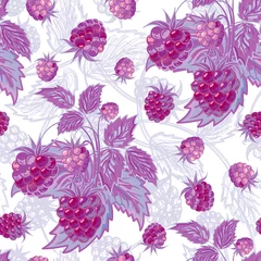 Foto op Plexiglas Vector illustration. Lilac seamless pattern of raspberries and leaves. © leezarius