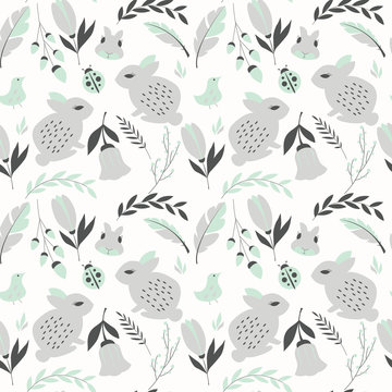 Seamless pattern with rabbits, lady bugs, birds and flowers, vec