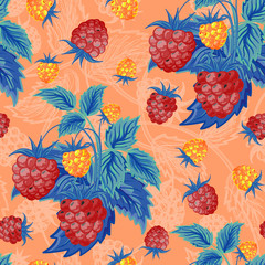 Seamless pattern with red and orange raspberries with blue leaves on pastel orange background. Hand painting. Colorful pattern for fabric, paper and other printing and web projects.