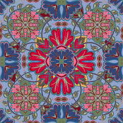 Colorful, glaze seamless pattern of mandalas. Vector oriental pattern on a bright blue red pink tones. Fairy floral pattern of circular elements.Can be used for textiles, carpet, tile, shawl.