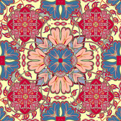 Vector bright pattern. East ornament with  colorful blue red yellow details on the turquoise background. Template for any surface. Elegant backdrop with oriental ornaments of mandalas.
