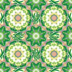 Oriental traditional ornament, Mediterranean seamless pattern, tile design, vector illustration. Vector bright green pattern.