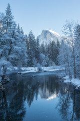 haft dome reflection in yosemite national park winter