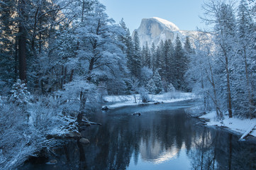 haft dome reflection in yosemite national park winter