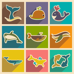 Set flat icons with long shadow whales