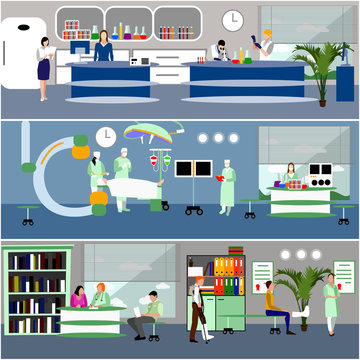Vector banners with doctors and hospital interiors. Patients passing medical check up, surgery operation room. Flat cartoon illustration.