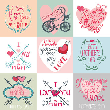 Mothers day cards set.Arrows, decor elements,hearts,lettering