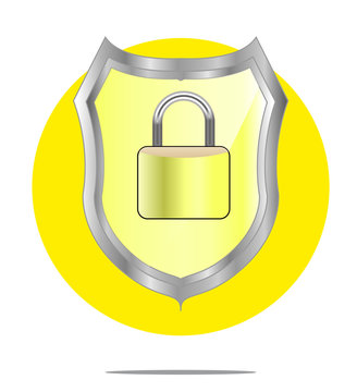 Illustration of a yellow shield with lock with yellow circle background