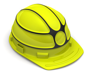 Yellow protective helmet on a white surface. Isolated