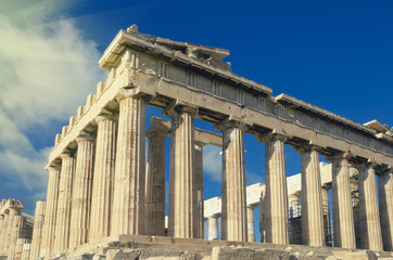 Naklejka premium Ancient Parthenon, Greek temple on the Acropolis. Vintage color