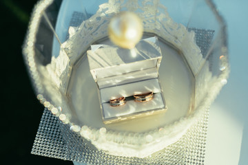 wedding rings in white wedding box on ceremony place