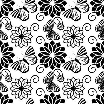 Black and white seamless pattern with decorative flowers and butterflies