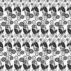 Black and white seamless pattern with decorative flowers