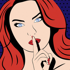 Woman put her finger to her lips, calling for silence. Concept pop art style. Close-up. Vector