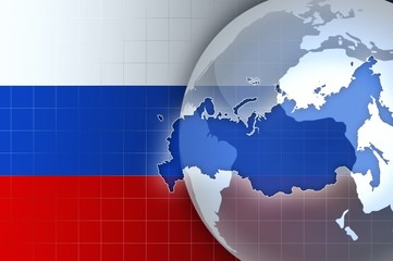 Russia Map and Flag on a world globe news background