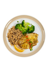 Baked white fish fillet on white background. Selective focus.