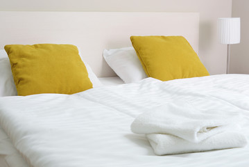 Double bed in hotel room. Accommodation