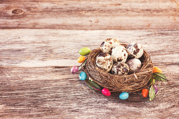Easter quail eggs in small nest  on wooden background. Decorate, toned, soft focus