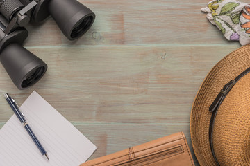 Travel, summer vacation, tourism and objects concept - close up