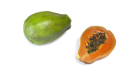 Fototapeta na wymiar Two papaya fruits, one cut in half, isolated on white background