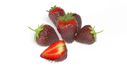 Strawberries, one sliced in half; fruit isolated on white background