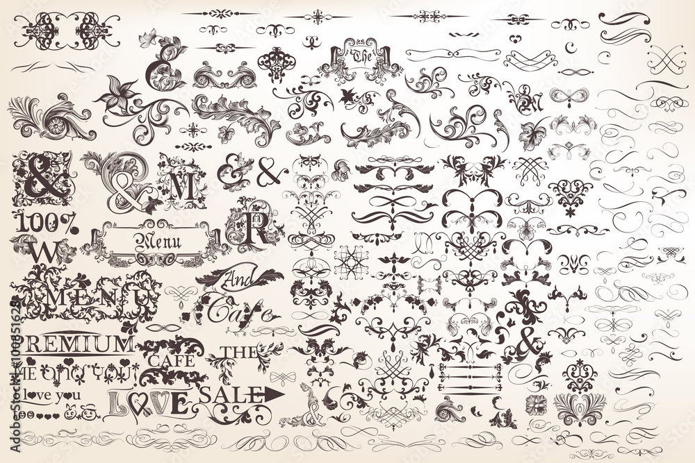 Sticker set or collection of vector calligraphic elements and page decor