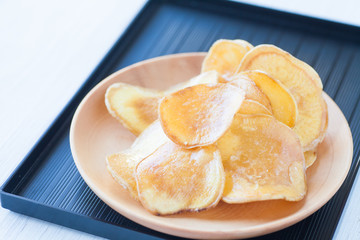 Dried potato slice and  coated with sugar