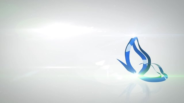 Blue Ribbon Tape Becomes a Butterfly Blue Sky with White Clouds, Tape Becomes White, Black Background, Computer Graphic