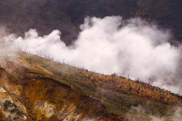 Owakudani volcano valley in Hakone, Japan / Owakudani volcano valley with sulphur smoke in Hakone, Japan