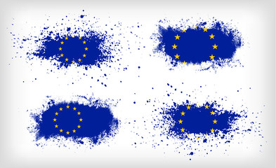 Set of four grunge vector ink spattered European Union flags