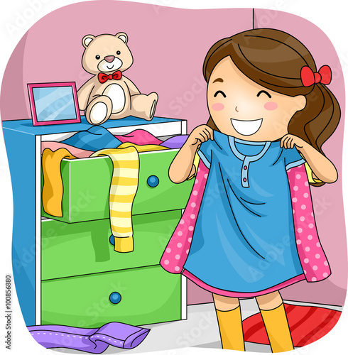 "Kid Girl Pick Clothes Drawer" Stock image and royalty-free vector ...