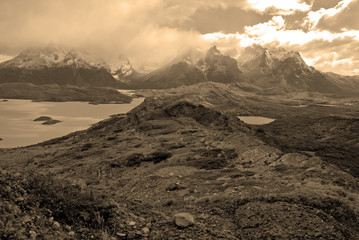 Icebergs and Mountains in a glacial landscape, Southern Patagonia, Argentina, sepia toning
