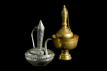 Old silver and brass ewer container pour water, Buddhism
