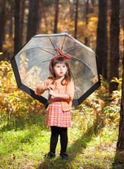 Little girl in the autumn forest with a transparent umbrella