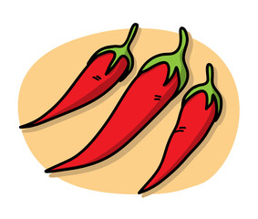 Chilies, a hand drawn vector illustration of chilies, isolated on  a simple background (the chilies, shadow backdrops, and the background are on separate groups for easy editing).