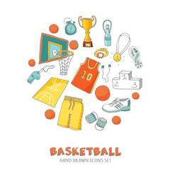 Hand drawn doodle basketball set. Vector illustration. Sketchy sport related icons, basketball elements, ball, hoop, net, basket, backboard, number, sport wear, sport shoes, winner cup