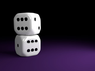 two shiny dice lying over violet table