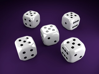 five dice rolling over violet table