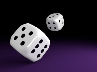 two dice rolling over violet table