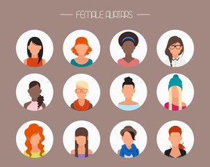 Female avatar icons vector set. People characters in flat style. Faces with different styles and nationalities.