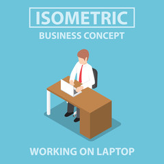 Isometric businessman working on laptop at his desk