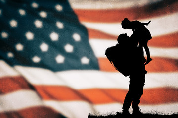 American soldier silhouette on the american flag