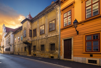 Fototapeta na wymiar Middle age houses in upper town in Zagreb. Historical part of Zagreb called Gornij Grad. Croatia.