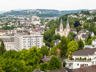 Fototapeta na wymiar Aerial view of Siegen, city in Germany, in the south Westphalian part of North Rhine-Westphalia