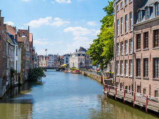 The historic center of Ghent, channel and embankment. Ghent, Belgium
