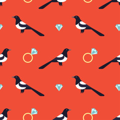 Vector seamless pattern with luxury golden rings and magpies.