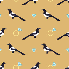 Vector seamless pattern with luxury golden rings and magpies.