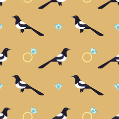 Obraz premium Vector seamless pattern with luxury golden rings and magpies.