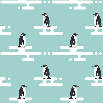Seamless vector pattern with penguins standing on stylized glaci